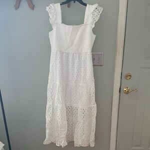 JODIFL White Eyelet Midi Dress with Ruffled Straps